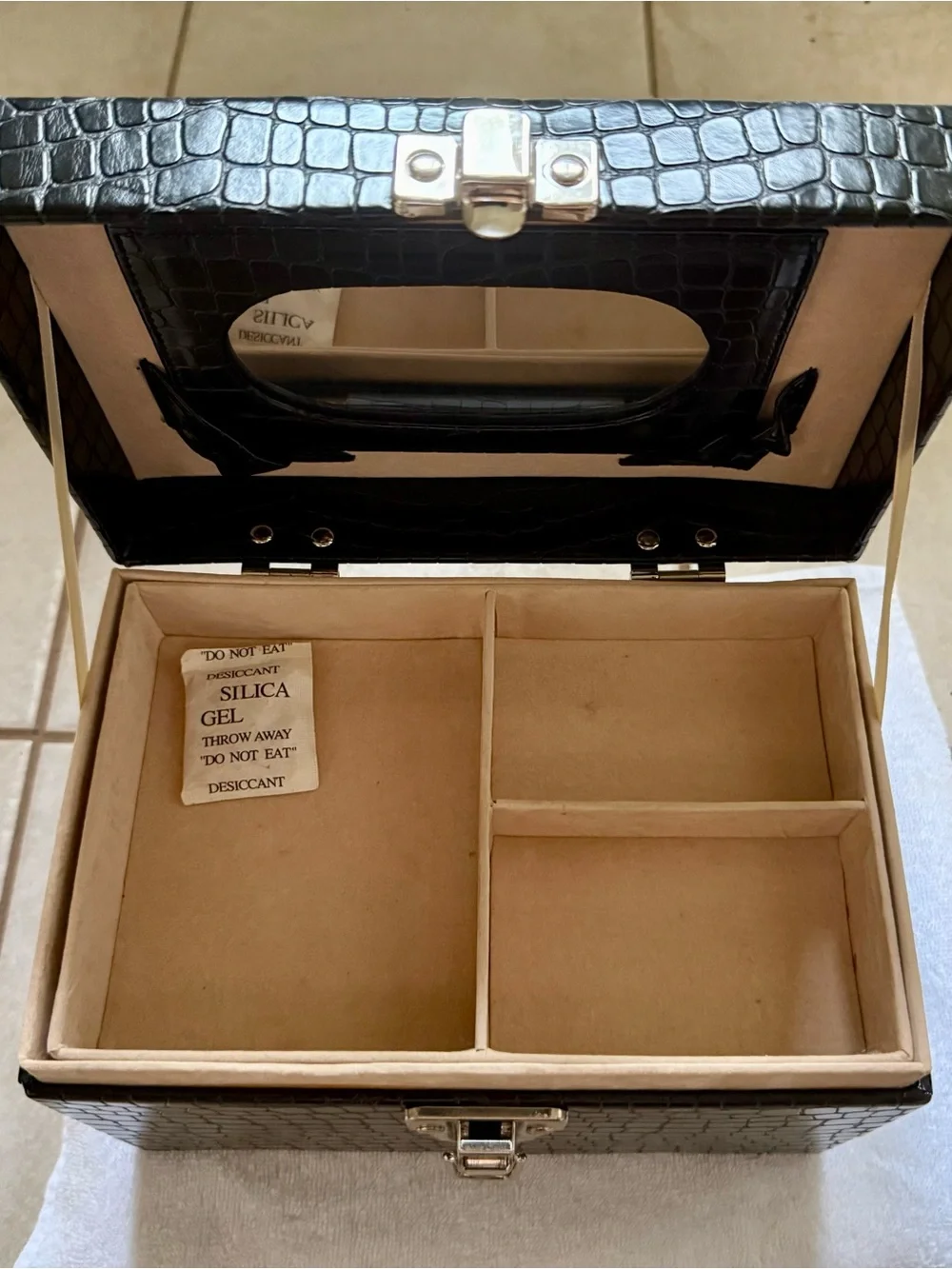 Vintage Nordstrom Makeup Train Case Faux Black Alligator Leather with Gold Trim
